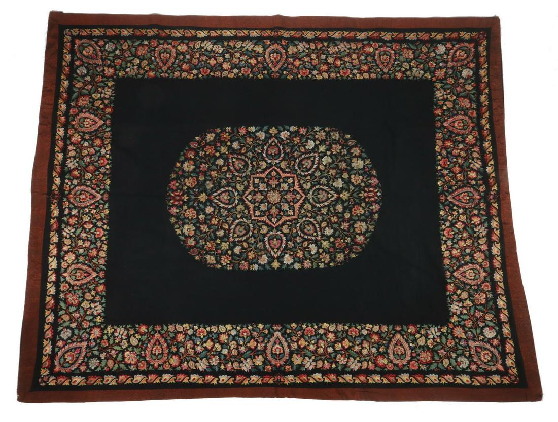 RARE INDIAN EMBROIDERED TABLE SPREAD - 55" x 65": 20th c. Kashmir Silk Floral Crewelwork on fine black woolen cloth, with wine-colored watered silk border, black silk backing. Fine condition.