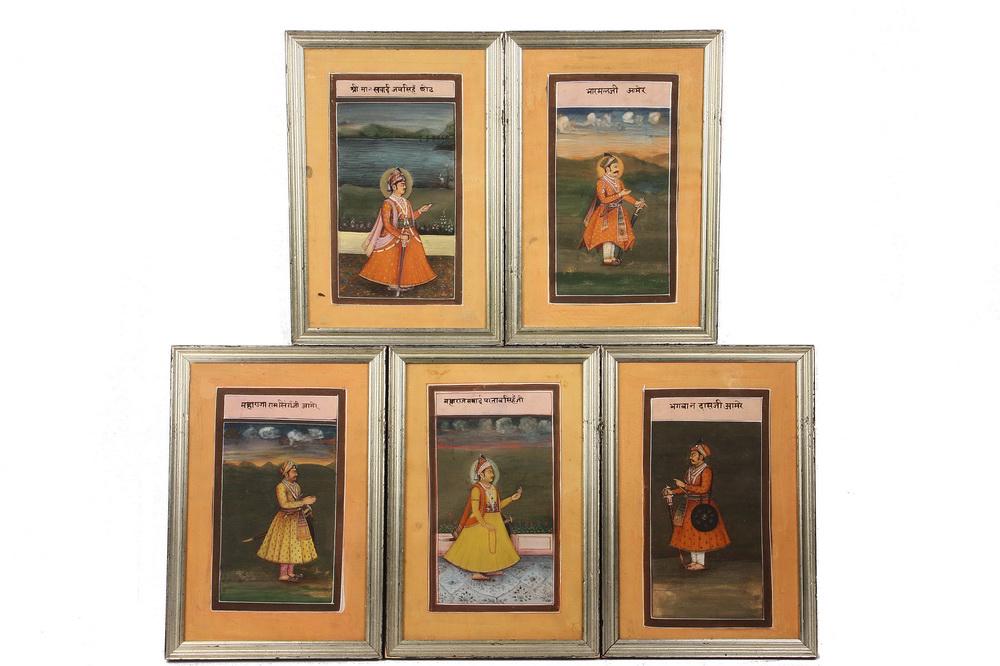 (5) MUGHAL INDIAN PAINTINGS: Portraits of Mughal Rulers, India, watercolor on wasli, 19th c., the figures in profile depicted standing in landscapes, wearing angarkha tied with sashes securing a sword, jewelry and turbans, border