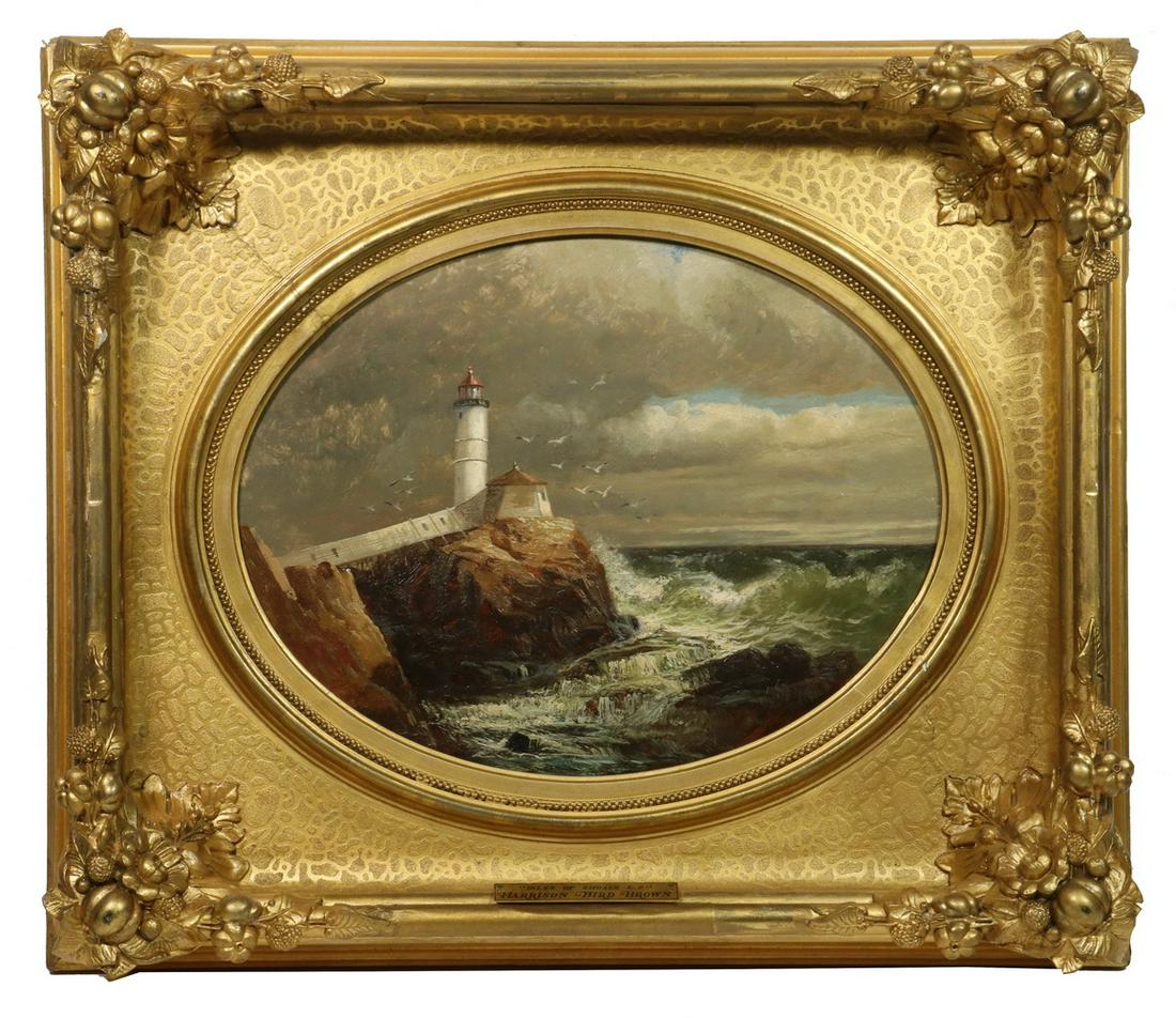 HARRISON BIRD BROWN (ME/MA/UK, 1831-1915): "White Island Light, Isles of Shoals", 1875, oil on canvas, signed lower right "HBB", in the original gilt matched corner aesthetic period frame, oblong with an oval opening, OS: 18" x 21", SS: 10 1/2