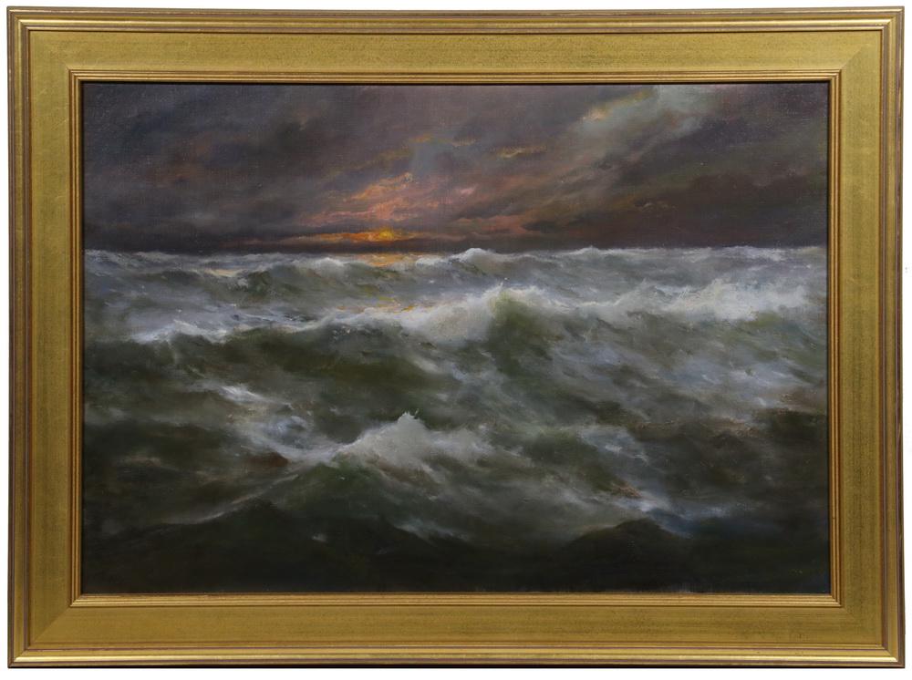 ANGEL DE SERVICE ESPOY (CA/SPAIN, 1879-1963): Sunset Whitecaps, oil on canvas, signed lower left, in gilt molded panel frame, OS: 25" x 34", SS; 19 1/2" x 28 1/2". Cleaned and relined.