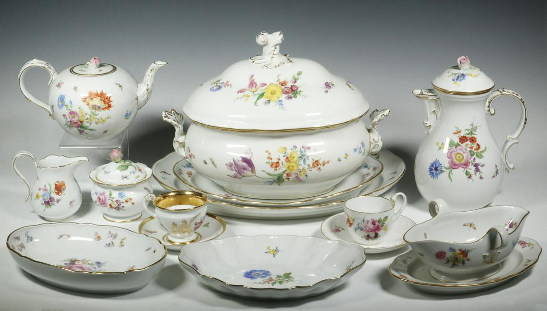 (103 PCS) MEISSEN HAND PAINTED PORCELAIN DISHES: (103) Pieces of 20th c. Meissen German Porcelain, with hand painted floral and insects decoration, all with blue crossed swords mark, incl: (99) Piece dinner service - Lidded two-handled tureen, 10" h