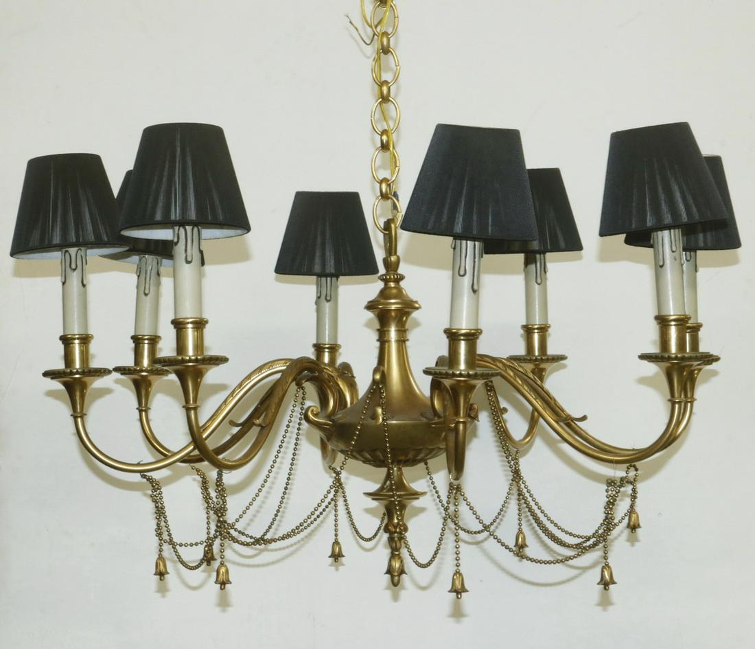 20TH C. LOUIS XV STYLE ROCOCO BRONZE CHANDELIER: Eight Arm Gilt Bronze Electric, having ornate scroll arms with bobeche, faux candles, black cloth shades, pendant bellflowers on swagged bead chain, center bellflower pendant holding shell scalloped d