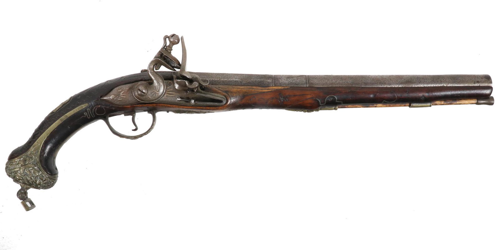 18TH C. BELGIAN FLINTLOCK PISTOL: Made for the Ottoman market, having wire inlay to the walnut stock, round to octagon 12" barrel having brass inlay, along with lockplate, ornate brass trigger guard with matching butt, pivoting rectan