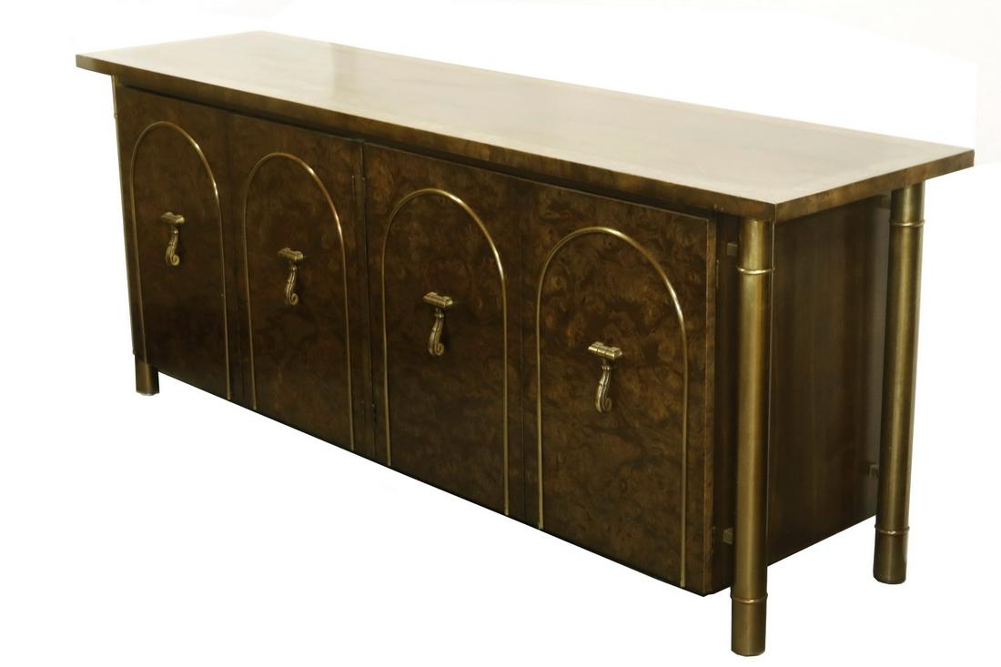 OFFICE CREDENZA FOR CHARAK FURNITURE OF BOSTON, CIRCA: Exotic Wood Credenza with two-tone banding, two pair of doors having applied half-round arched bronze molding and 'door knocker' pulls, the cabinet on left containing four drawers with flush mount pul