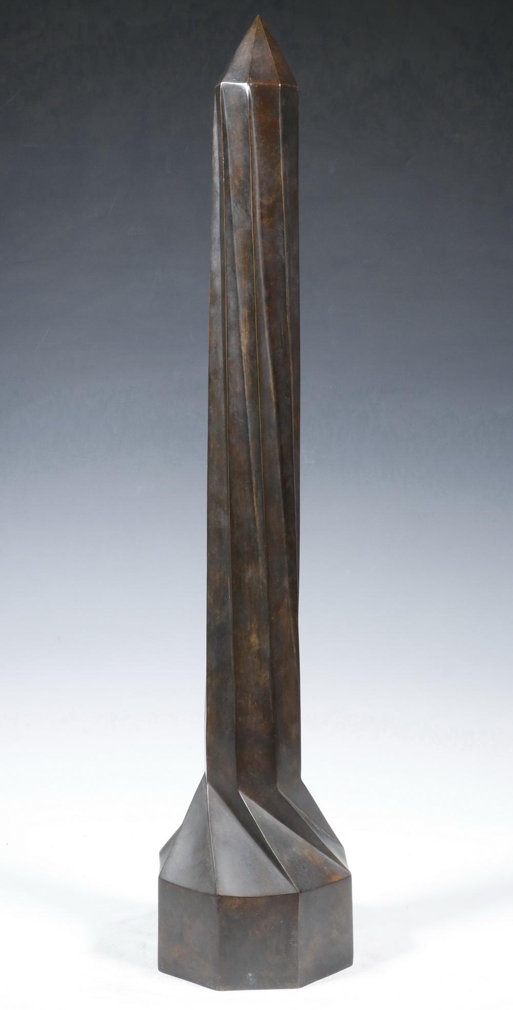CARLOS REGAZZI (ARGENTINA, 1943-2020): Twisted Obelisk, cast and patinated bronze, signed, numbered 4/6, stamped by Empire Bronze Foundry, 28 1/2" x 5 1/2" x 5 1/2". Small chafed spots at some corners. Provenance: Estate of Thomas A. Cox,
