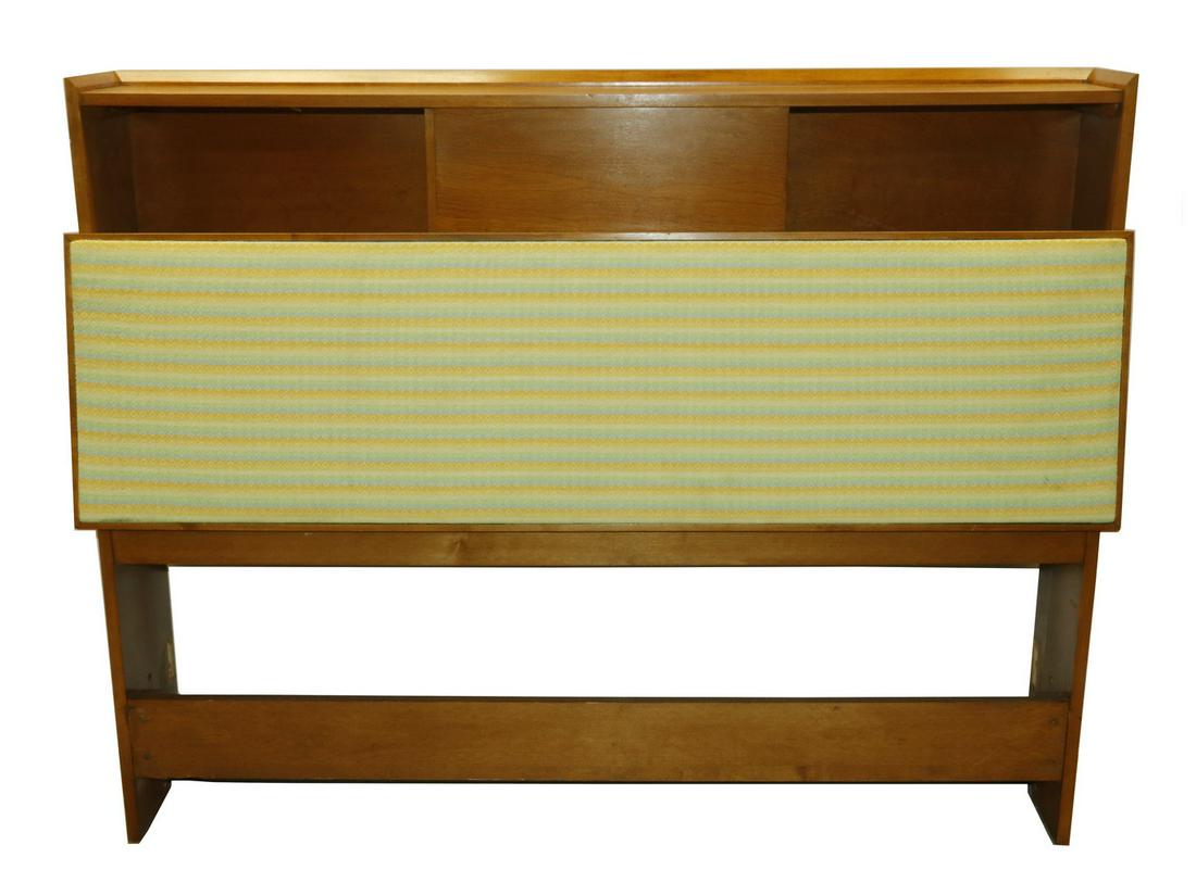 PAUL MCCOBB PLANNER GROUP FULL BED HEADBOARD/BOOKCASE: Rare Full Size Headboard designed by Paul McCobb for his iconic Planner Group line, manufactured by Winchendon Furniture, in solid birch with a striped cotton fabric padded panel, low mitered gallery,