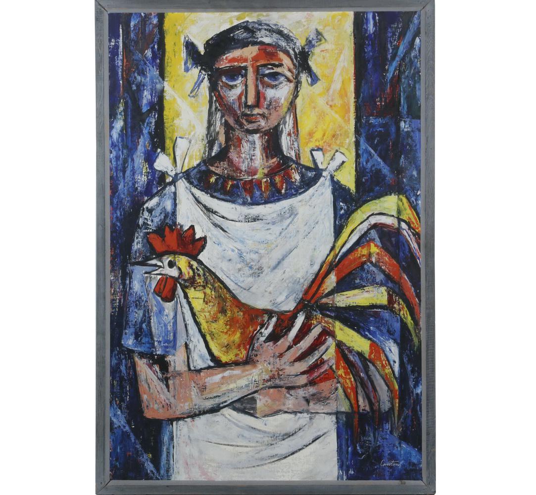 VIRGIL CANTINI (PA/ECUADOR/ITALY, 1919-2009): "Farmer's Daughter" (Girl & Rooster), oil on masonite, signed lower right, circa 1955, titled verso with note this was purchased in 1956 for $135.00 (by the Womers?), in mitered grey oak frame, OS: 37