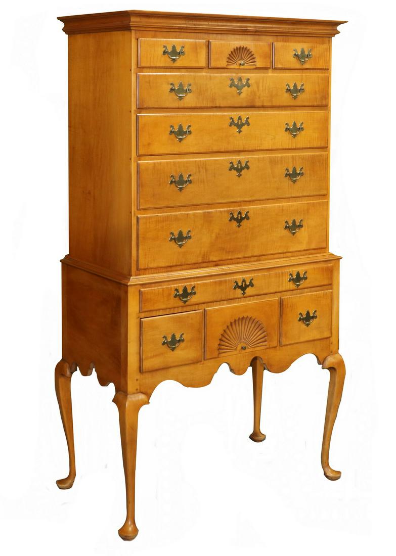 ELDRED WHEELER TIGER MAPLE HIGHBOY: Custom Queen Anne Style Tiger Maple Two-Part Highboy by Eldred Wheeler, with flat molded cornice, upper section with three short molded edge drawers, including fan carved center drawer, above four gra
