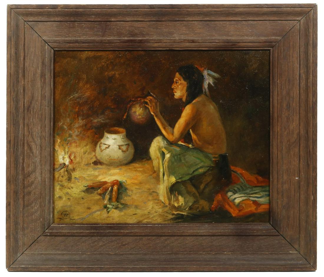 ATTRIBUTED TO CARL OLAF WIEGHORST (CA/DENMARK,: Plains Indian Seated by Cooking Fire at Night, Lifting an Olla to his Lips, oil on canvas, laid to Masonite, monogrammed with a W in a circle lower left, housed in a heavy dark oak molded frame, OS: 1
