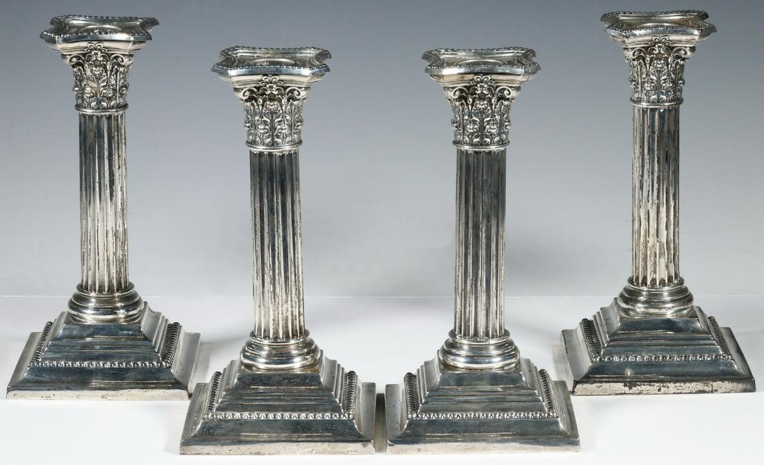(4) GORHAM SILVER CORINTHIAN COLUMN CANDLESTICKS: Set of (4) Sterling Neoclassical Column Form Candlesticks, #A3206, with 1905 date mark, with gadrooned top edge and square stepped bases, 8 1/4" high, 4" sq. Removable bobeches glued to bases, one sti