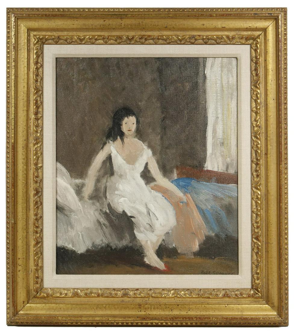 ROBERT SPENCER (PA/NE, 1879-1931): "Spanish Girl", oil on canvas, signed lower right, titled verso, depicting a woman in nightdress seated on her bed, in a gilt molded frame with linen liner, OS: 19 1/2" x 17 1/2", SS: 13" x 11". Good