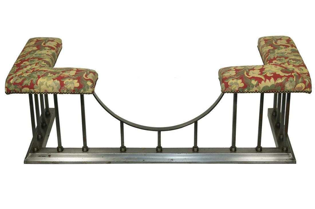 ENGLISH CLUB FENDER, STEEL WITH FABRIC UPHOLSTERY: 20th c. Pewter Finish Steel with floral brocade wool upholstery, simple square spindles, 20" x 58" x 23". Good condition.