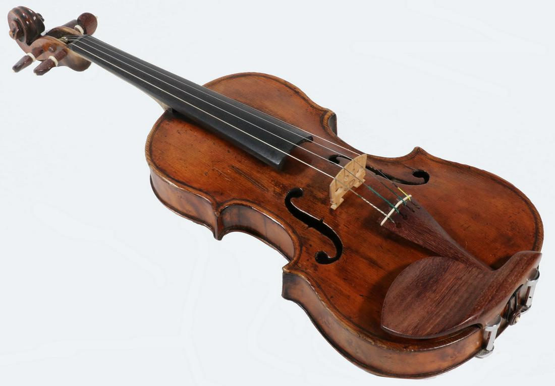 18TH C. ITALIAN VIOLIN, OLD NAPOLI: Two piece tiger maple back and neck, bird's-eye maple sides, ebony fingerboard, faded label reads NAPOLI/1717, grafted scroll, replaced rosewood pegs, tailpiece and chinrest. 14" body, 23 1/2" overall