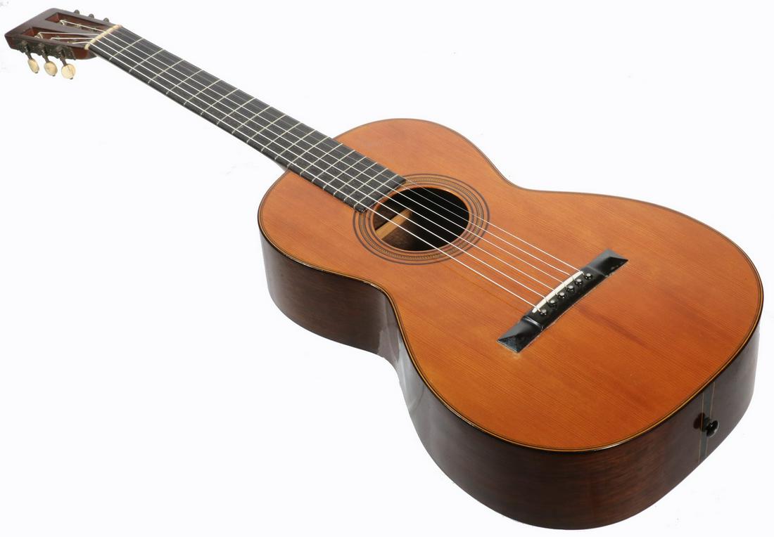RARE C.F. MARTIN 1-21 PARLOR GUITAR, 1898, S/N 8225,: Spruce top Brazilian rosewood with inlaid center band on back, stamped on inside strap, interior neck block and top back of stock. Serial no. 8225. 18 3/4" body, 38" x 12 3/4" x 3 3/4". Excellent cond