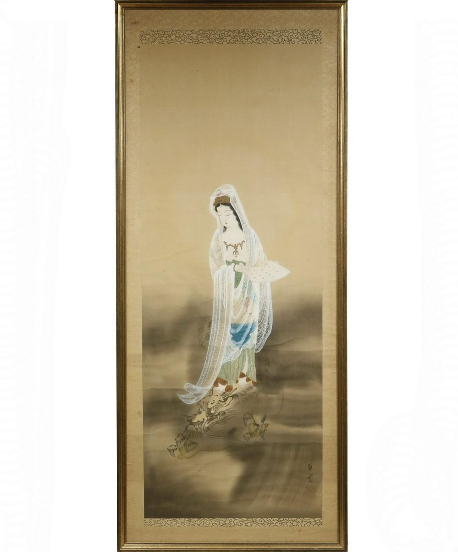 FRAMED JAPANESE SCROLL: Japanese hand painted scroll, or Kakejikun, late Meiji : Kannon Bosatsu (Goddess of Mercy), holding a scroll while riding a dragon, or Ryu, through the clouds, signed and with seal lower right, on bro