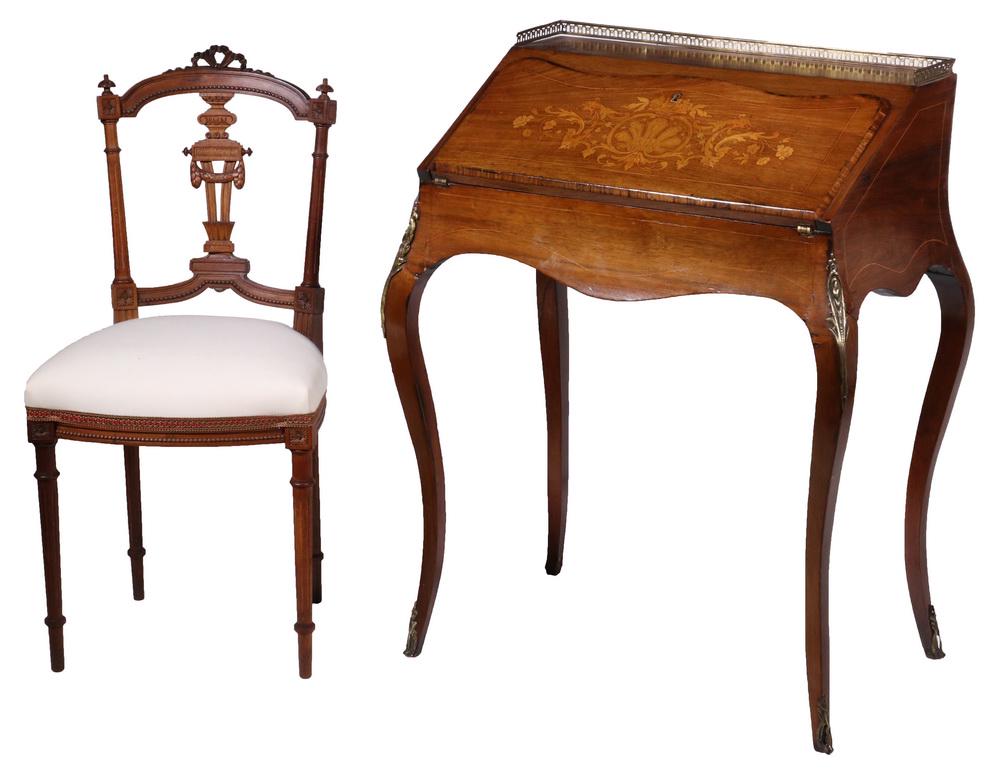 DIMINUTIVE FRENCH LADY'S SLANT FRONT DESK AND CHAIR (1 of 7)