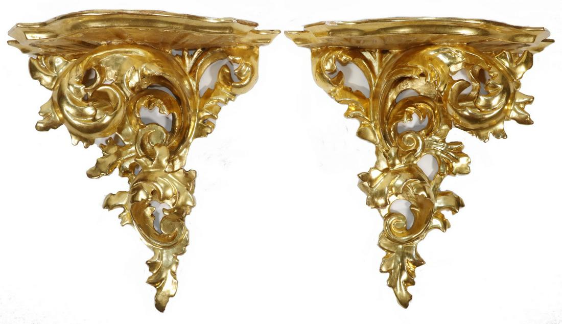 PR OF ITALIAN BRACKET SHELVES: Florentine Baroque Giltwood, with opposing scrolled leafwork supporting shaped molded tops, 11" x 10" x 6". Very good condition.