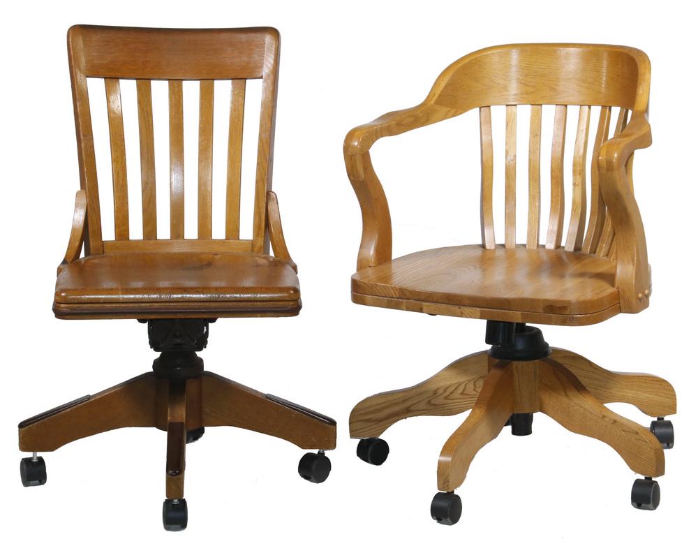 (2) 1920S OAK OFFICE CHAIRS (1 A REPLICA) (1 of 4)