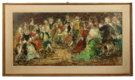 CHARLES RAGLAND BUNNELL (CO/KS/MO, 1897-1968): Classical French Concert, oil on masonite, signed lower right and dated 1969, marked #18 verso, in a gilt mitered slat frame, linen and white liner, OS: 20 1/2" x 30 1/2", SS: 15" x 30 1/2". Good cond