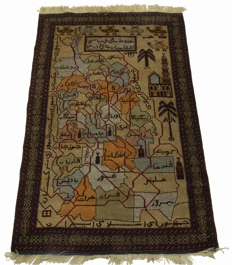 AFGHAN WAR RUG - 3'-11" x 6'-2": Afghanistan, dated 2003, Featuring a pictorial provincial map of Afghanistan with palm trees, mosque, helicopters and machine gun, in midnight, royal and sky blue, gold, camel and red, midnight blue d