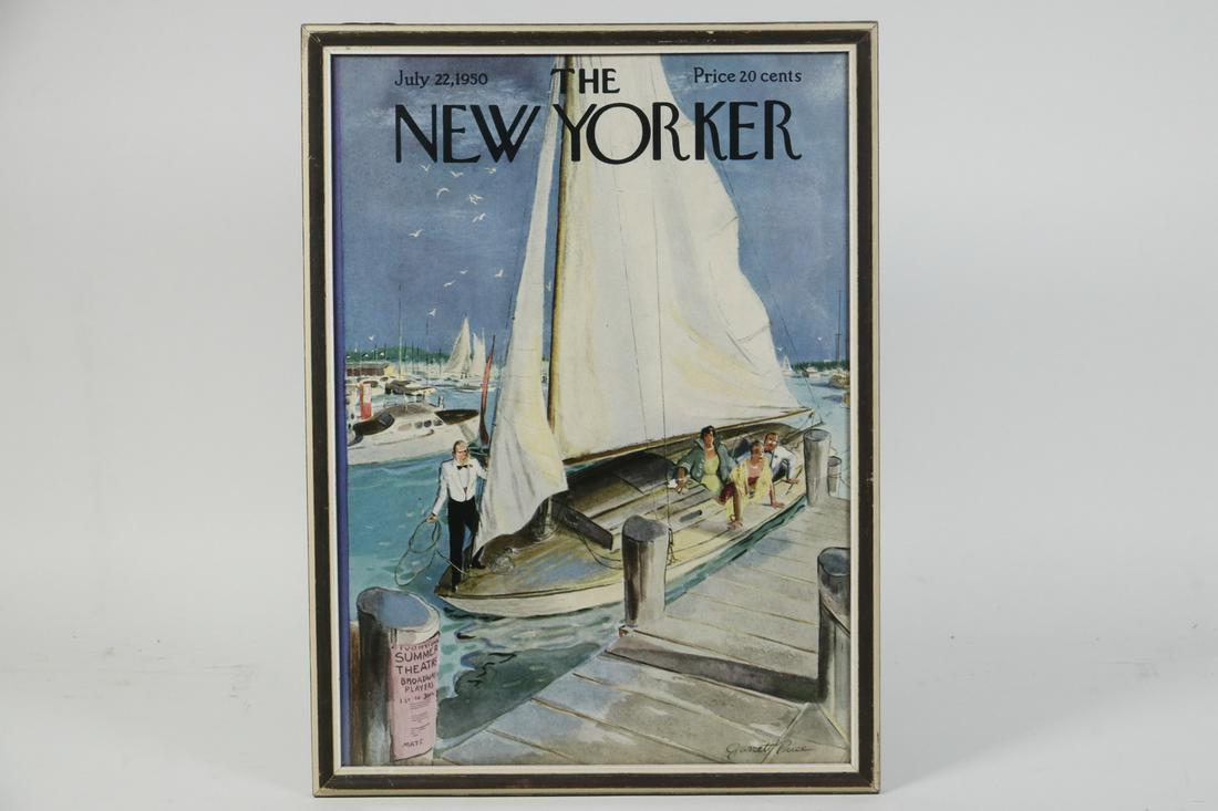 FRAMED 1955 NEW YORKER MAGAZINE COVER: July 22, 1950 "New Yorker" cover by Garrett Price, depicting a wealthy family dressed to the nines arriving dockside in their yacht to attend the Ivorytown Summer Theatre Broadway Players (poster on p