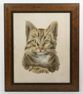 XANTHUS RUSSELL SMITH (PA, 1839-1929): Young Cat Bust, oil on panel, initialed "XS" lower right, in burl walnut frame, OS: 12 1/4" x 10 1/4", SS: 9 1/2" x 7 1/2". Good condition.