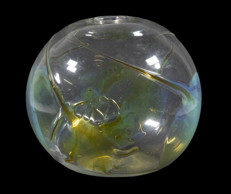 ROSE BOWL BY PETER BRAMHALL: Handblown honey yellow over clear spherical vase with small opening, signed "Bramhall, 10/16/84", 8 1/2" diam. Good condition.