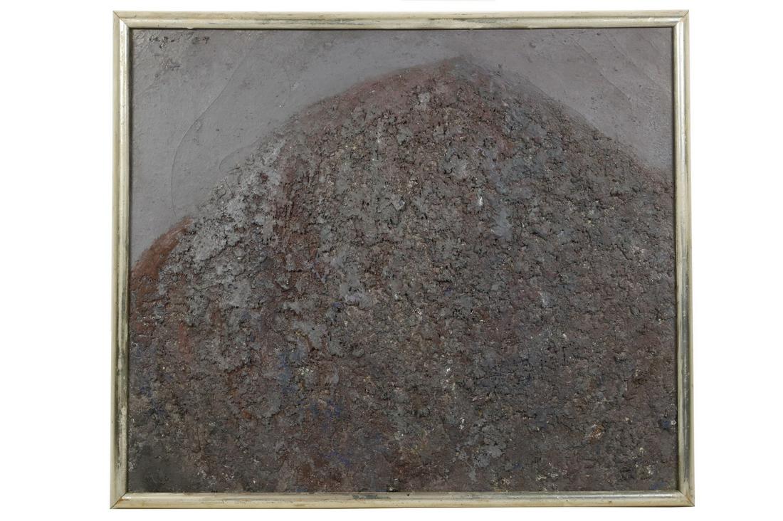 MAURICIO AGUILAR (NY/CA, 1919-1978): Untitled Abstract Grey on Grey Texture Painting, mixed media on canvas, signed upper left, inscribed verso "Para Tom, carahosamente, Chito, 15-12-71". (For Tom, lovingly, Chito, Dec 15th, 1971). House
