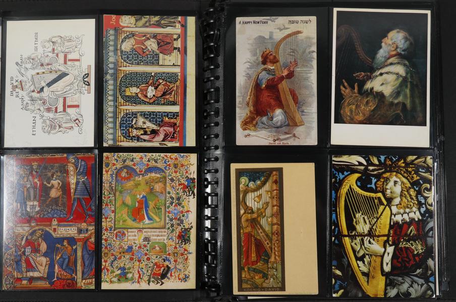 BINDER (252) HARP THEMED POSTCARDS: Postcards with Biblical, Lovers, Festival themes featuring harps. Including: Illuminated manuscripts, stained glass, Jewish New Year featuring David with his harp, German mythology & Tannhauser, city