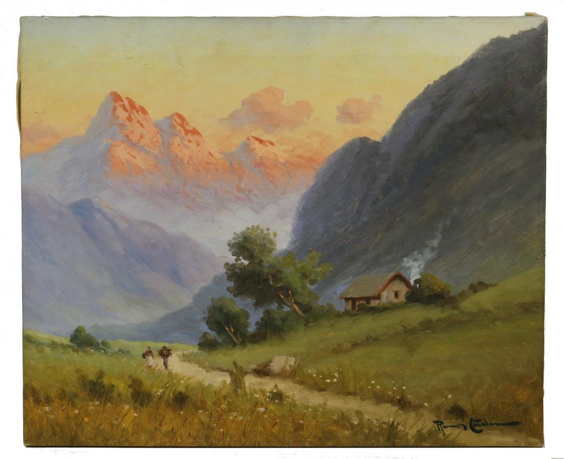BENITO RAMOS CATALAN (CA/CHILE, 1888-1961): "Garde de Sol en Cordillero", oil on canvas, signed lower right, titled verso, depicting a couple passing a small cottage beneath sun capped mountains, unframed, 19" x 23". Good condition, light stret