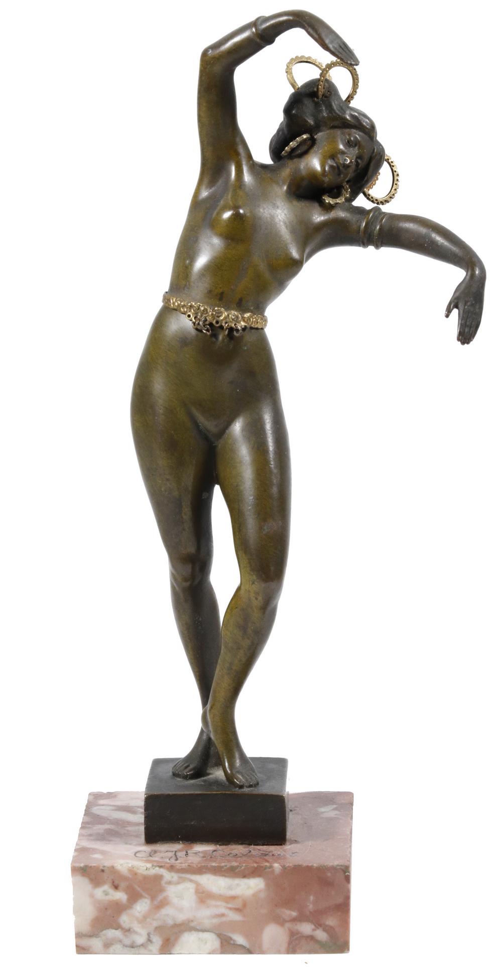 CLAIRE JEANNE ROBERTE COLINET (FRANCE/BELGIUM,: Nude Dancer, bronze sculpture on rosso antico marble base, signed "Cl. J.R. Colinet" on top of base, Art Deco depiction of a female dancer with gold hair hoops and waist belt, 9 1/4" high (bronze figu