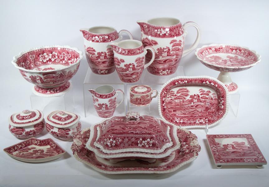 (181 PCS) SPODE PINK TOWER PARTIAL DINNER SERVCE: (181) Pieces of Spode Tower English Earthenware Dishes, in pink, most with older Copeland backstamp, incl: (14) Dinner plates, 10 1/2" diam.; (7) Luncheon plates, 9 1/4" diam.; (10) Salad plates, 7 3/