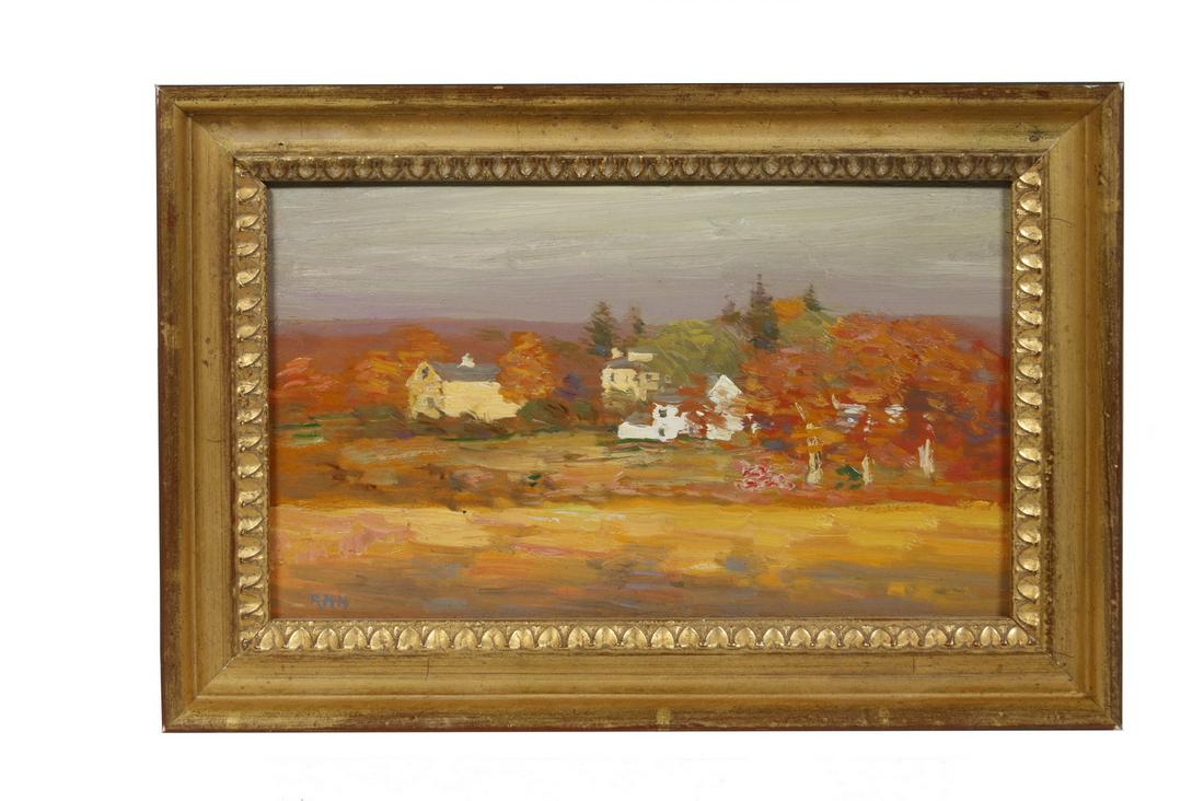 ROBERT HOGG NISBET (CT/RI, 1879-1961): Miniature "Kent Countryside", oil on board, initialed lower left, titled on label verso from The Cooley Gallery of Old Lyme, Conn. Housed in a water gilt molded frame, OS: 7" x 10", SS: 4 3/4" x 7 3/4