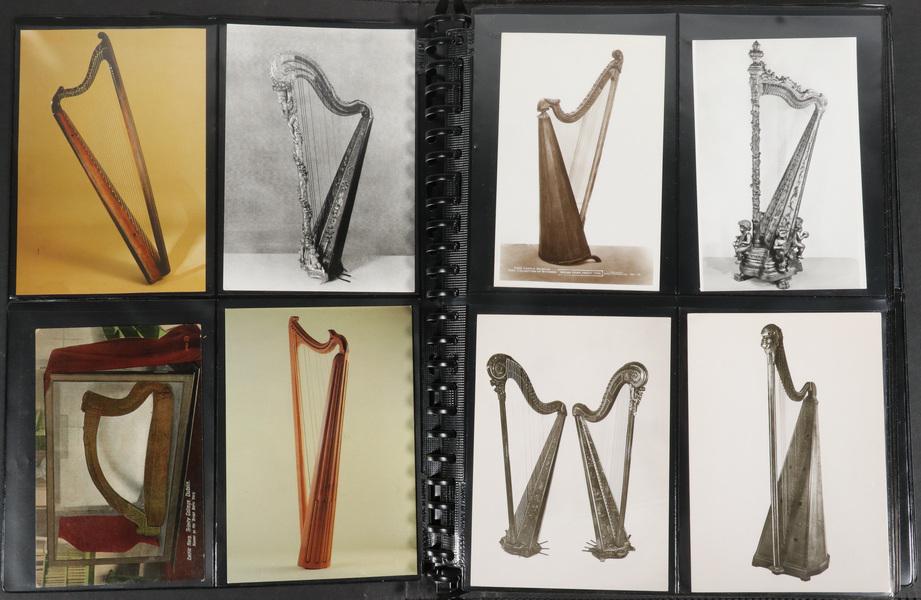 BINDER (208) HARP THEMED POSTCARDS: Real Photo and Litho Postcards of Harp Players, mostly color. Including: Portraits of individual and historic harps; interiors of music salons with collections of instruments; PLUS B&W Real Photo post