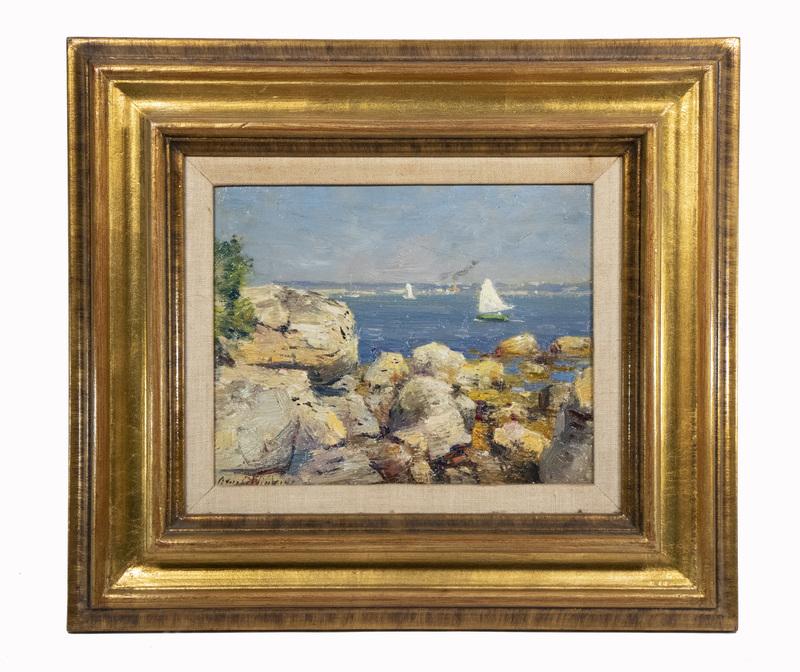 GUY CARLETON WIGGINS (NY/CT/FL, 1883-1962): Rocky Coast with Factories and Sailboats, oil on hardboard, signed lower left, also inscribed verso "To Margaret Buckner from Guy C. Wiggins", dated 1914, in gilt molded frame with linen liner, OS: 15