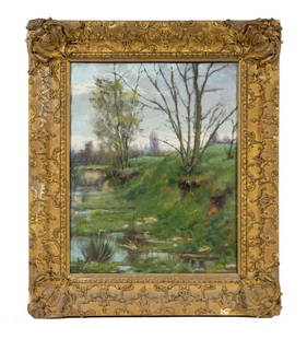 FRANCIS HENRY RICHARDSON (MA, 1859-1934): "Springtime over Fontainbleau", oil on canvas, signed lower left, signed and titled verso, also inscribed "Une apres midi de printemps, Temp Gris, a Grez M...", housed in what may be the original gold