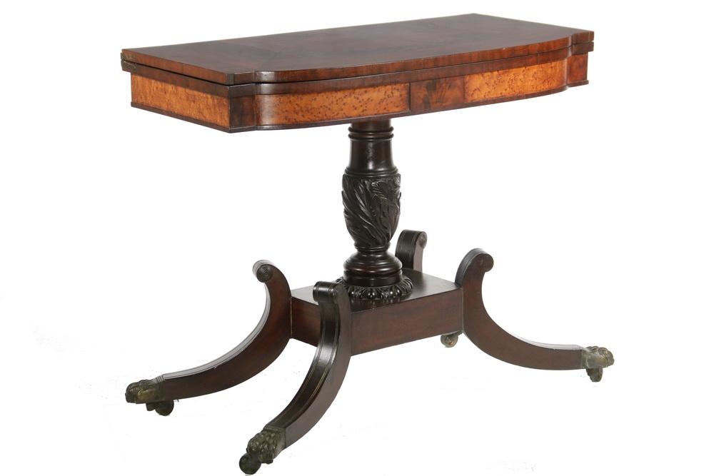 NEW YORK CARD TABLE: Early 19th c. Block End Bow Front Card Table, attributed to the shop of Duncan Phyfe, with arc and disc inlaid mahogany veneer top, conforming skirt with bird's-eye maple frieze, on bold ring and urn