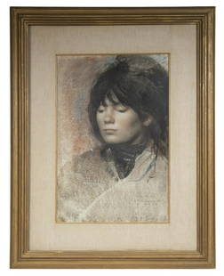 PIETRO ANNIGONI (ITALY, 1910-1988): "Girl's Head", mixed media (pastel and gouache) on textured paper with applied head on less textured paper, inscribed and signed lower right "To Martha Hamlen, Pietro Annigoni, Firenze, LXVI", titled