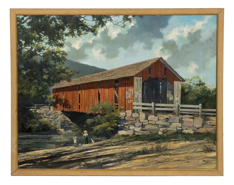 ERIC SLOANE (NY/CT, 1905-1985): "Bridge Over the Ashuelot, N.H.", oil on hardboard, captioned and signed lower left, depicting the iconic covered bridge still standing in the New Hampshire rivertown of the same name (pronounced Ash-