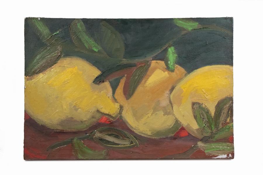 NANCY MITCHNICK (MI, 1947 - ): "Spanish Lemons", impasto oil on coarse linen, signed and dated 1987 verso, label from Hirschl & Adler Modern gallery verso, unframed, 21" x 31", on a 2" deep box stretcher. Very good condition.
