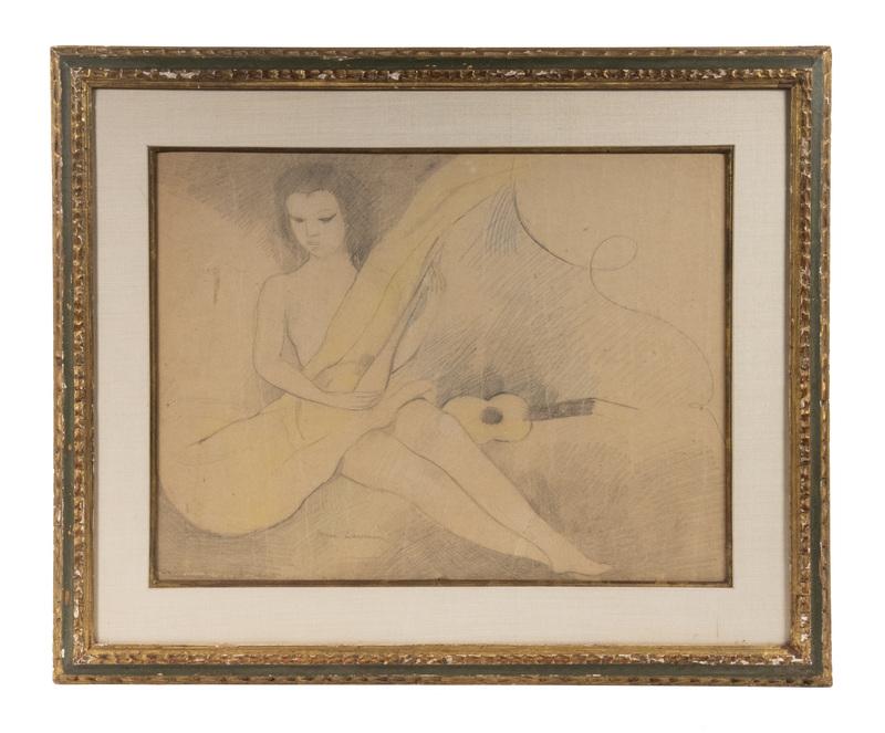 MARIE LAURENCIN (FRANCE, 1883-1956): The Musician, graphite on paper, signed lower center, depicting a nude woman draped in fabric, playing a lute with a guitar alongside, label verso from Robert Elkon Gallery of NYC. Housed in gilt and