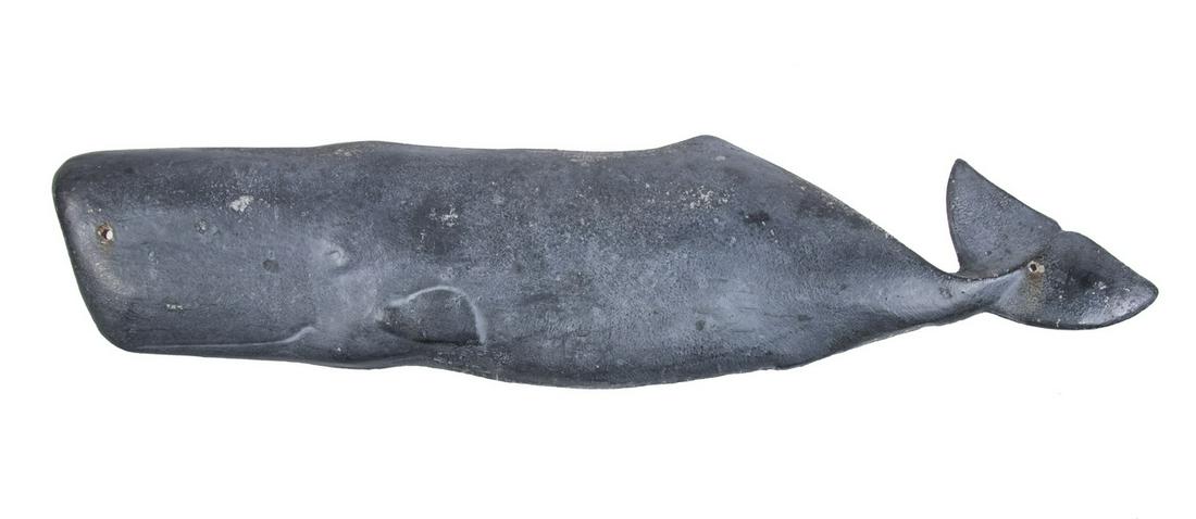 CAST ZINC SPERM WHALE WALL PLAQUE BY D. BAKER OF NEW: Hollow Cast Painted Zinc Half-Round Wall Plaque, the interior with raised letters that read "D. BAKER, NEW BEDFORD", two holes for mounting, 22 1/4" long. Light corrosion. Scarce in any condition.