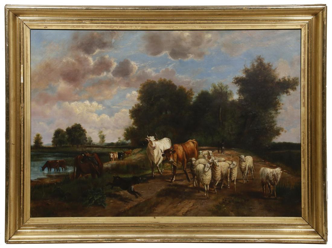 MID-19TH C. MONUMENTAL PASTORAL PAINTING FOUND IN: Cows and Sheep Being turned for Home by an Irish Sheepdog as a Storm Approaches, oil on canvas, unsigned, in the original fine lemon deep molded frame, OS: 33 1/2" x 44 1/2", SS: 26 3/4" x 28 1/4". Go