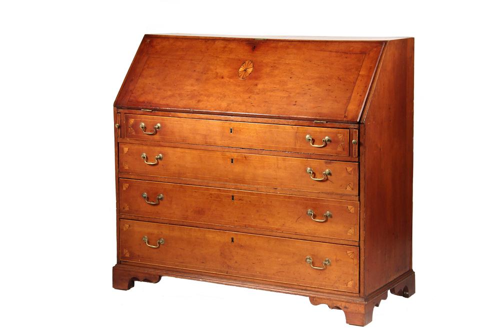 SLANT FRONT DESK: 18th c. Chippendale, New England, inlaid mahogany, the slant front with oval patera, having a nicely fitted interior, the center cabinet with inlaid potted plant, concealing two small drawers and cubb
