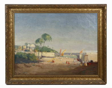 PROSPER LOUIS SENAT (PA/CA/ME, 1852-1925): A Town on the Nile, oil on canvas, signed lower left, in gilt carved cove frame, OS: 15" x 19", SS: 11 3/4" x 15 3/4". Several repaired punctures.