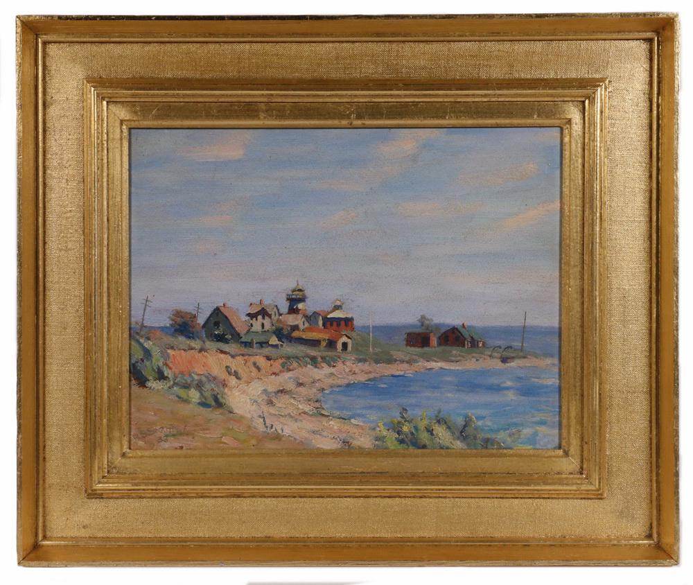 ROBERT S. STANTIAL (NY/MA, 1879 - ?): Eastern Point Lighthouse, Cape Ann, Gloucester, oil on board, signed lower left and dated '33, in gilt molded panel frame, OS: 19 1/2" x 23 1/2", SS: 11 1/2" x 15 1/2". Good condition.