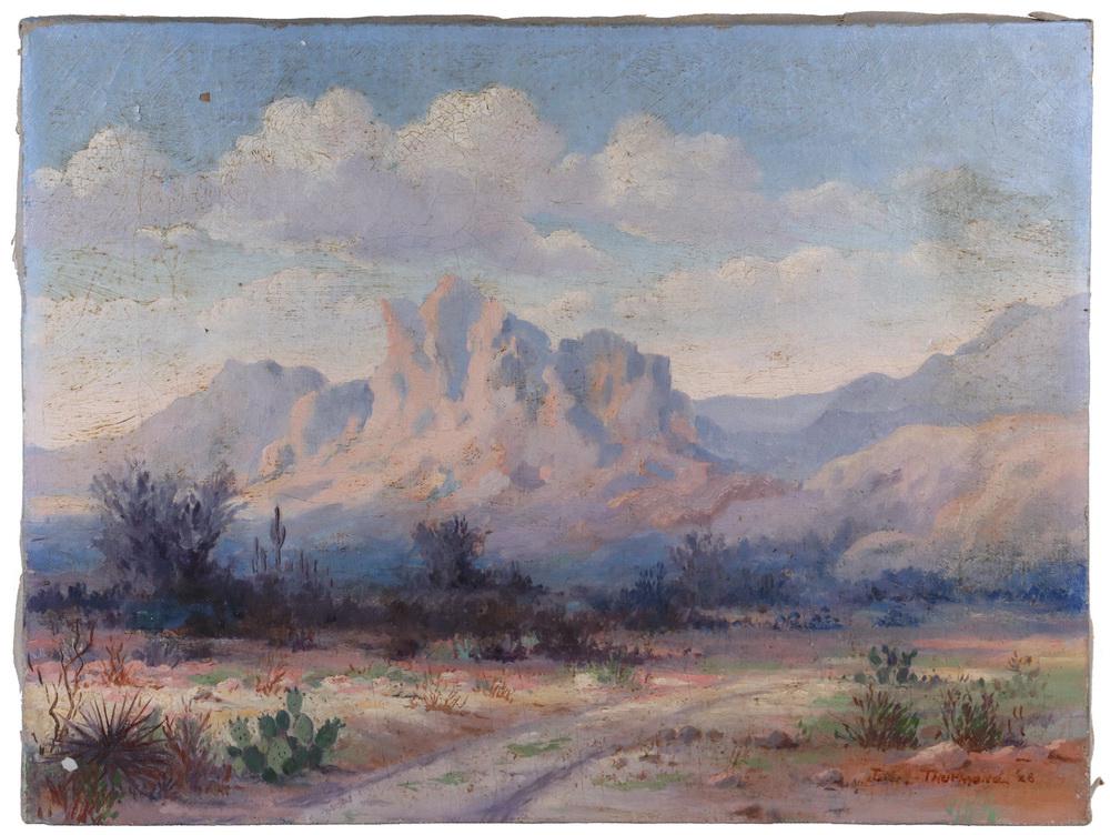 ETHEL DORA THURMOND (TX, 1905 - ?): Texas Badlands, oil on canvas, signed lower right, dated '28, unframed, 12" x 16". Good condition.
