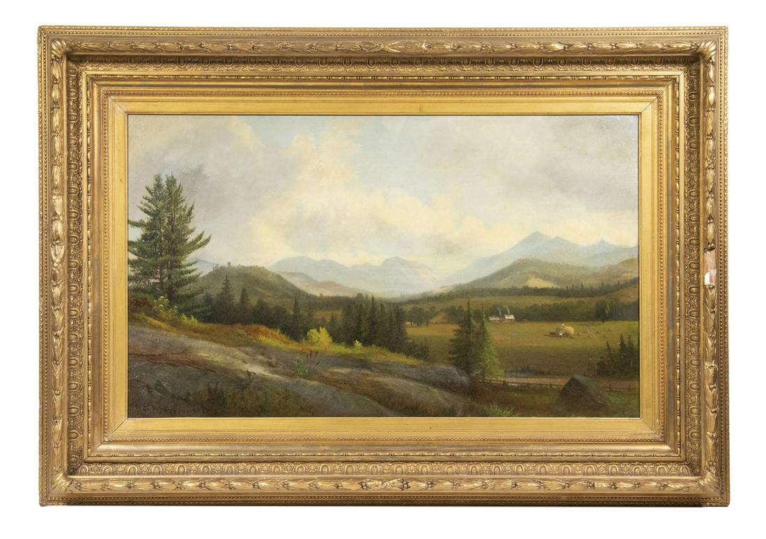 SAMUEL W. GRIGGS (MA, 1827-1898): "Franconia Notch and Range from North Woodstock, New Hampshire", oil on canvas, signed and dated 1881 lower left, housed in a modern deep cove gold gesso frame, OS: 27" x 39", SS: 17 1/2" x 29 1/2". C