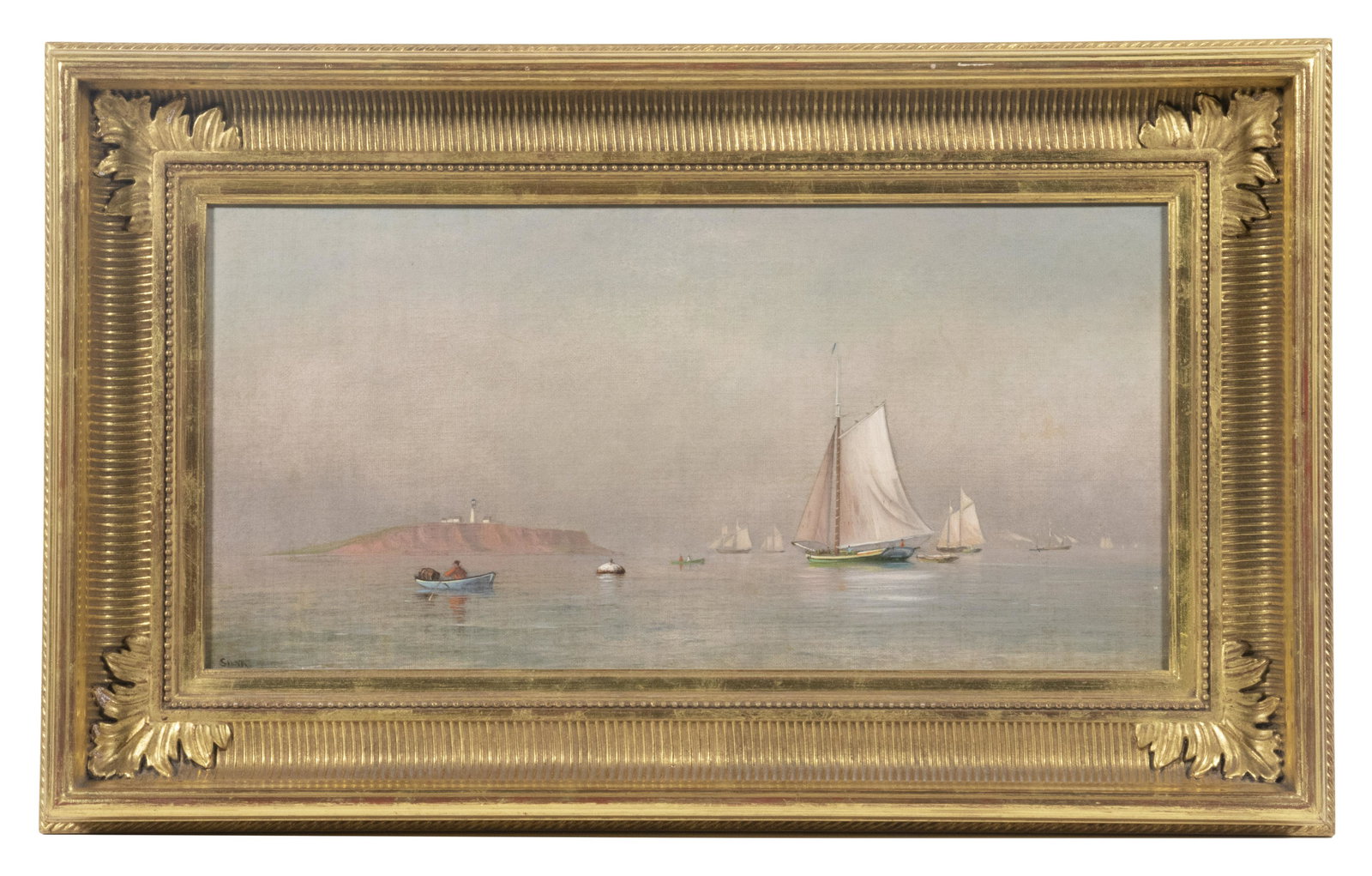 FRANCIS AUGUSTUS SILVA (NY, 1835-1886): Marine Traffic Passing the Boston Light, oil on canvas, signed lower left, in fine replica gilt cove frame, OS: 14 1/2" x 23 1/2", SS: 8 1/2" x 17 1/2". Cleaned and relined.