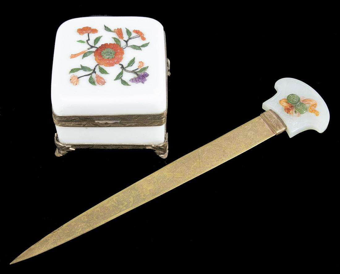 (2) CHINESE CARVED HARDSTONE ACCESSORIES: Including: Jade and hardstone carving, in carnelian and green jade on celery jade base, mounted as a letter opener, brass blade with intricate engraving of trailing vines and auspicious symbols, 10 3/